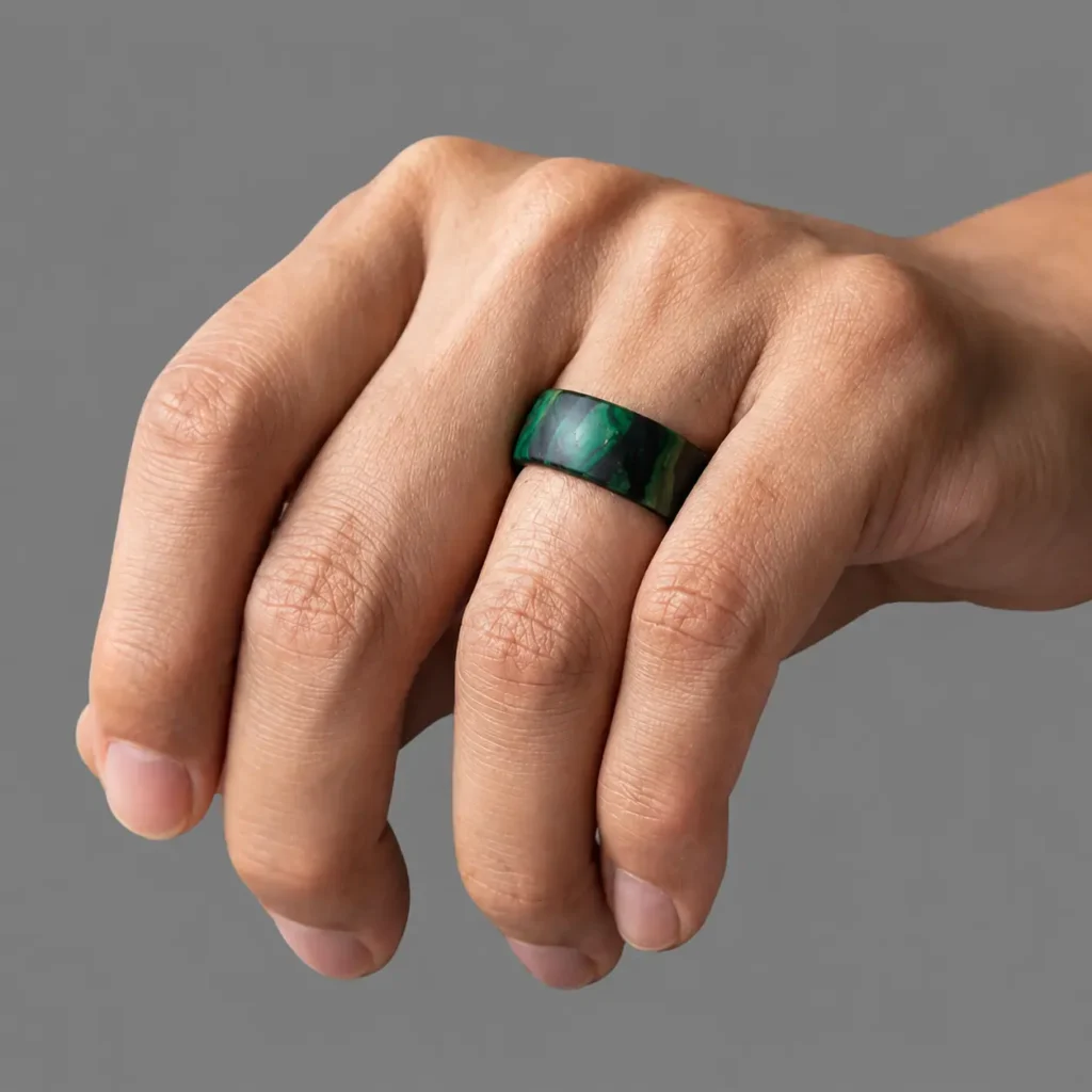 Emerald green and black durable silicone ring on hand with grey background - durable silicone ring - 2