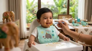 Baby sitting in a high chair wearing a baby bib while eating. Silicone baby bibs - for cleaning.