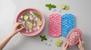 colourful silicone ice trays having ice used for making chilled lemon juice