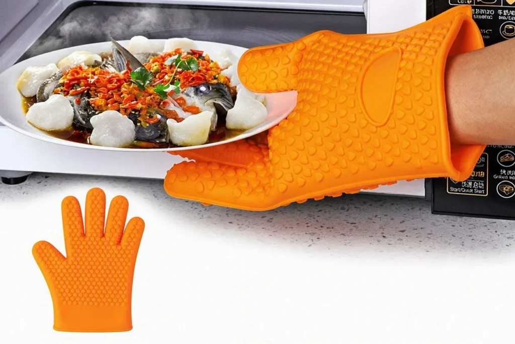 wearing silicone oven glove while preparing food in a microwave own.