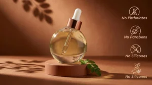 An elegant glass bottle of silicone-free hair oil resting on a warm, earthy pedestal, surrounded by natural botanical leaves and clean-beauty claim icons.
