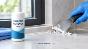 From silicone remover bottle, the chemical solvent is taken to remove silicone from floor corners.