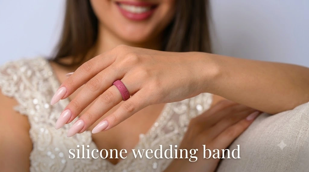 a woman wearing an elegant, embellished bridal gown, showcasing a pink silicone wedding band