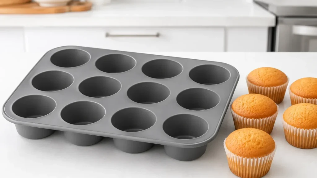 Silicone cupcake pan with freshly baked golden cupcakes on a clean kitchen countertop - silicone cupcake pan - 1
