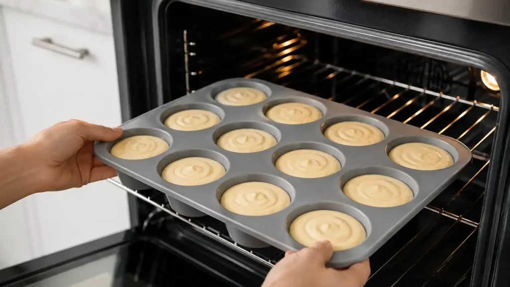 Silicone cupcake pan filled with cupcake batter being placed into a modern oven - silicone cupcake pan - 2