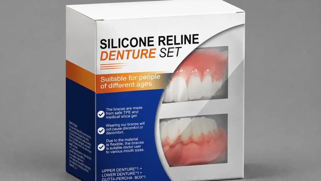 Silicone denture set product box on a clean grey background - silicone denture set - 2