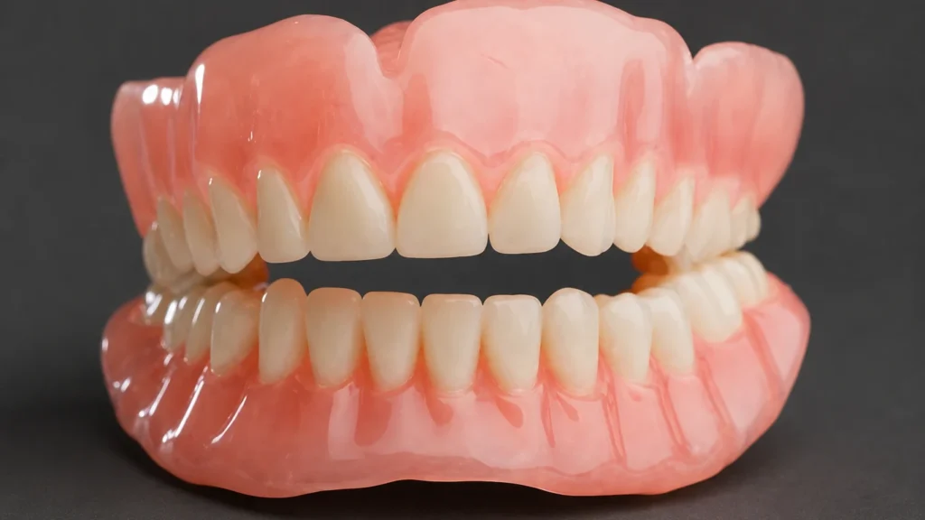 Silicone denture set with upper and lower dentures on a dark grey background - silicone denture set -1