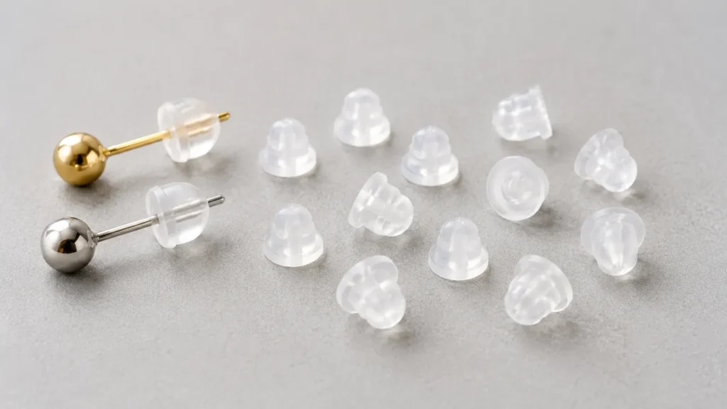 Silicone earring backs with clear transparent stoppers and gold and silver stud earrings - silicone earring backs -1