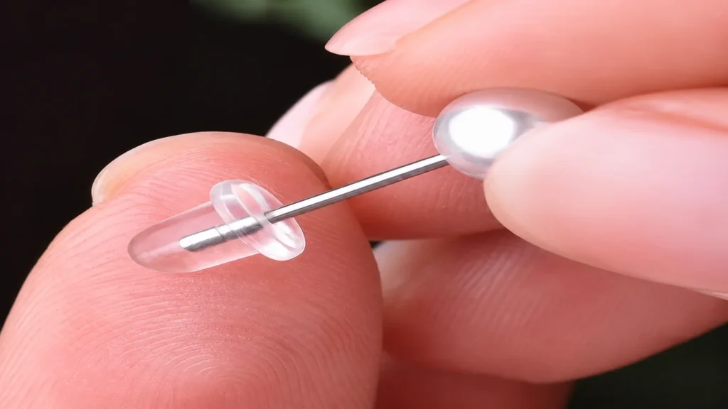 Silicone earring backs fitted on a silver stud earring between fingers - silicone earring backs -2