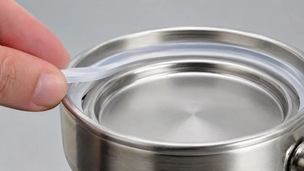 Silicone gasket being fitted into a stainless steel container lid - silicone gasket - 2