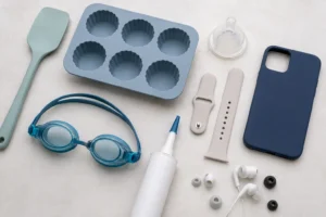 Everyday silicone products including a spatula, baking mold, baby bottle nipple, phone case, watch strap, swim goggles, sealant tube, and earbud tips-silicone uses-1