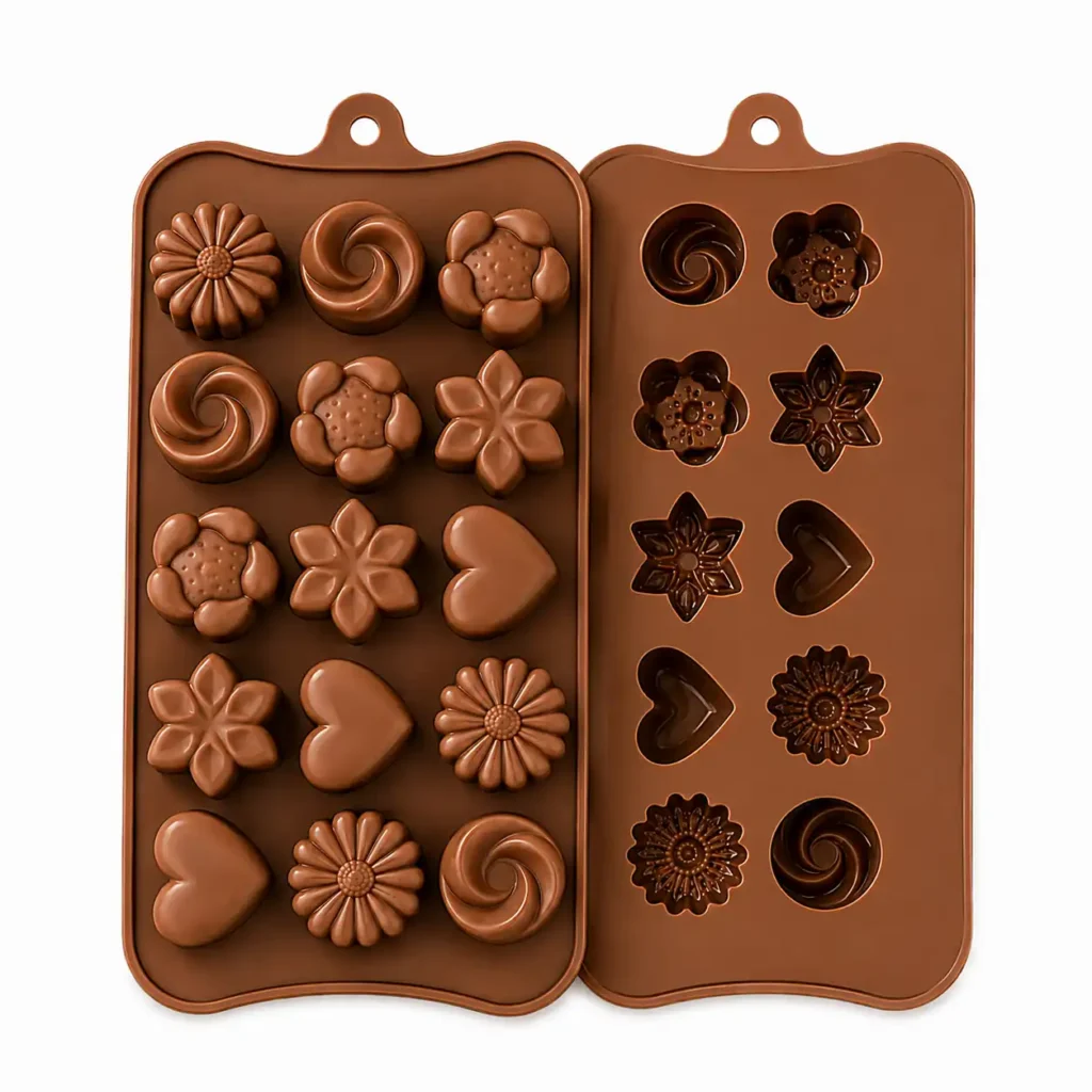 Silicone candy mold with chocolate flower and heart shapes on a white background - Silicone candy molds 1