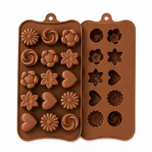 Silicone candy mold with chocolate flower and heart shapes on a white background - Silicone candy molds 1