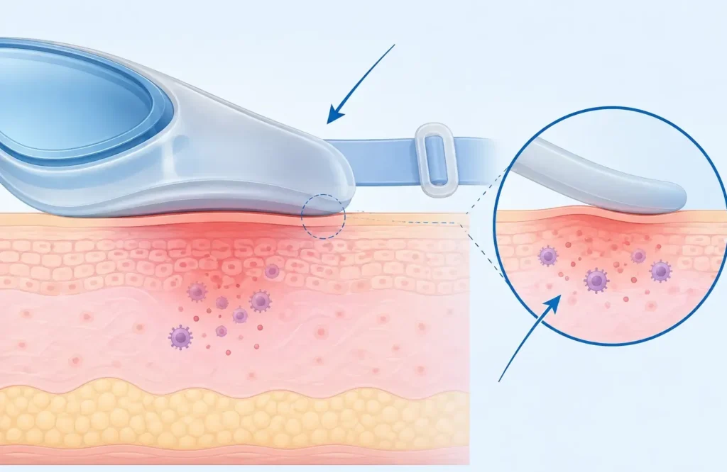 Silicone gasket touching skin with an illustrated irritation reaction - silicone allergy - 2