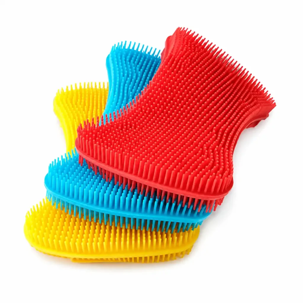 Red, blue, and yellow silicone sponge scrubbers on white background - silicone sponge - 2