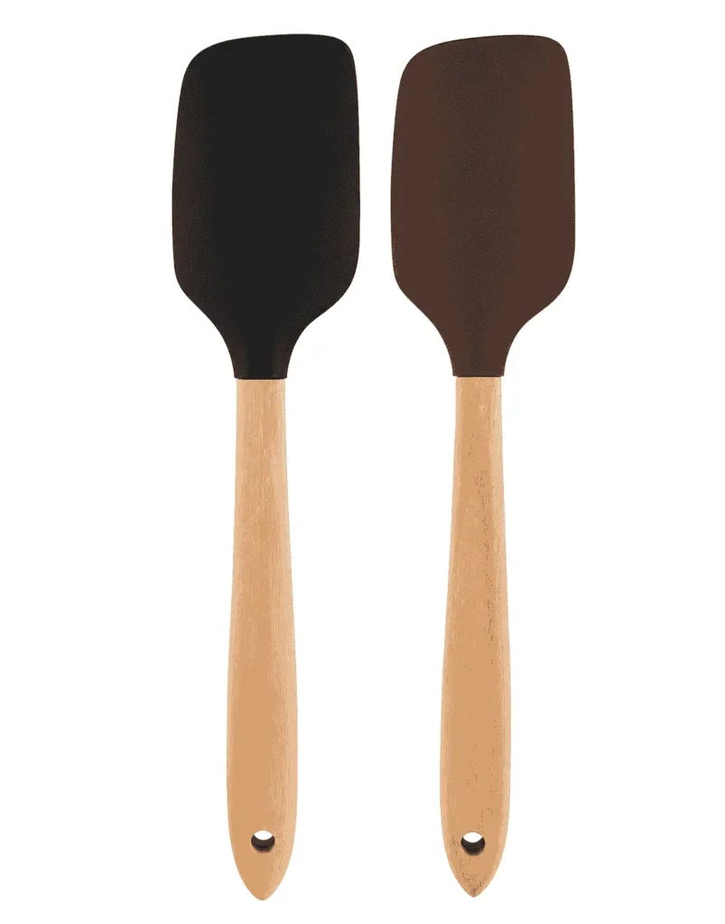 Two silicone spatula set with black and dark brown heads and wooden handles on a white background. silicone spatula set 