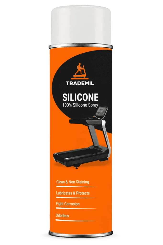 Silicone-based treadmill lubricant spray can in orange and black packaging