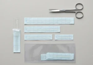 An overhead photograph of various medical silicone scar strips, surgical scissors, and a clear storage sleeve on a grey surface - Silicone Strips - 1