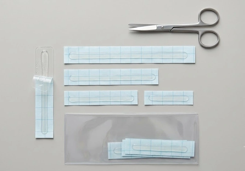 An overhead photograph of various medical silicone scar strips, surgical scissors, and a clear storage sleeve on a grey surface - Silicone Strips - 1