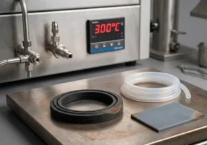 Silicone rubber gasket, flexible tubing, and sheet on a laboratory heating plate with a 300°C digital temperature display - silicone melting point -1