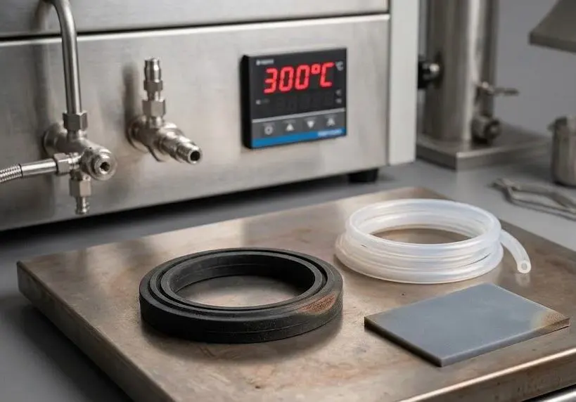 Silicone rubber gasket, flexible tubing, and sheet on a laboratory heating plate with a 300°C digital temperature display - silicone melting point -1