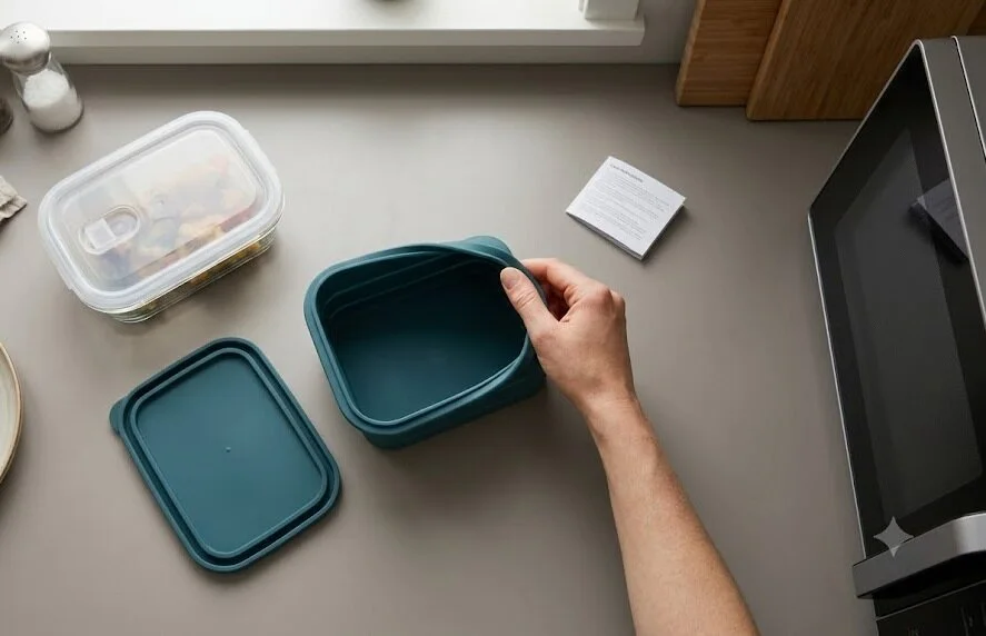 person inspecting a silicone container for microwave safety - Can Silicone Go in the Microwave? -  2