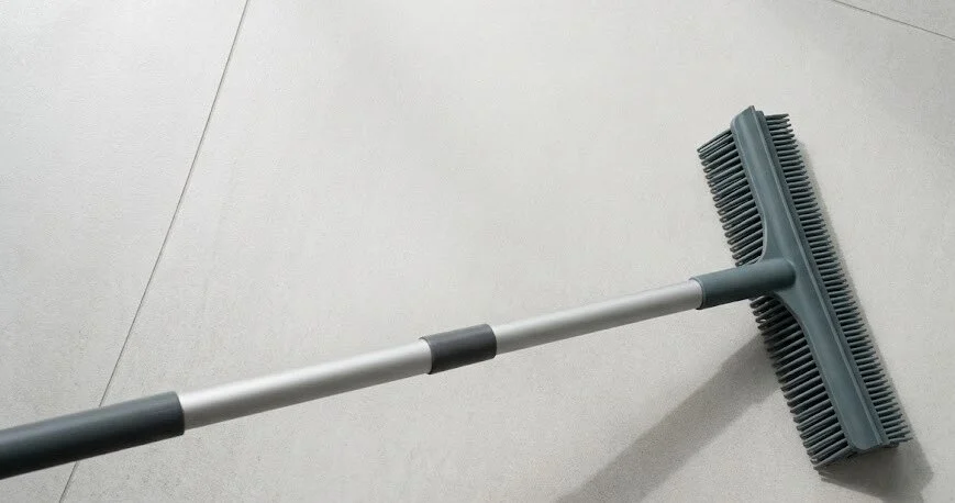 silicone broom resting on a clean tiled floor - silicone broom -1