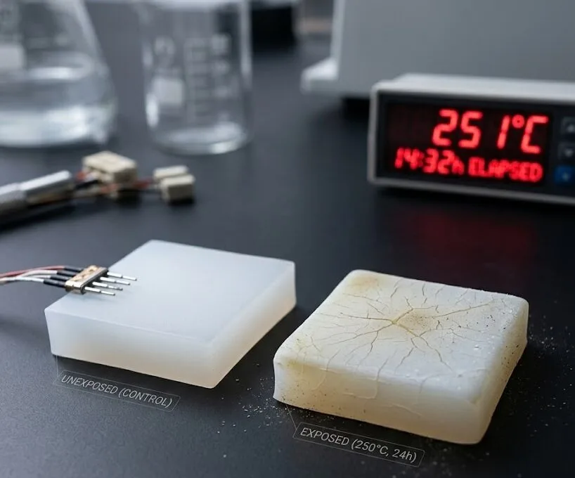 Close-up comparison between a pristine control silicone block and a heat-degraded sample with surface discoloration and fine cracks - silicone melting point- 2