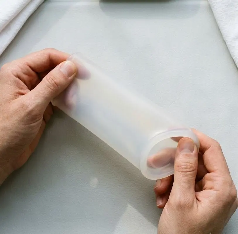 A person stretching and opening a flexible translucent-white silicone sleeve with their hands - silicone sleeve -  2