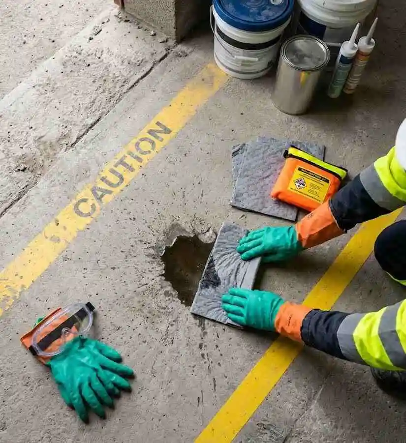 An overhead view of a worker in PPE containing a small spill on concrete with absorbent pads - examples of chemical hazards in construction site -  2