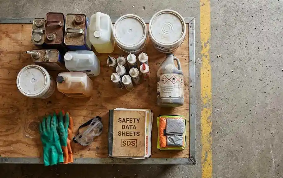 An overhead view of unbranded chemical containers, solvents, and safety equipment on a workbench - examples of chemical hazards in construction site - 1