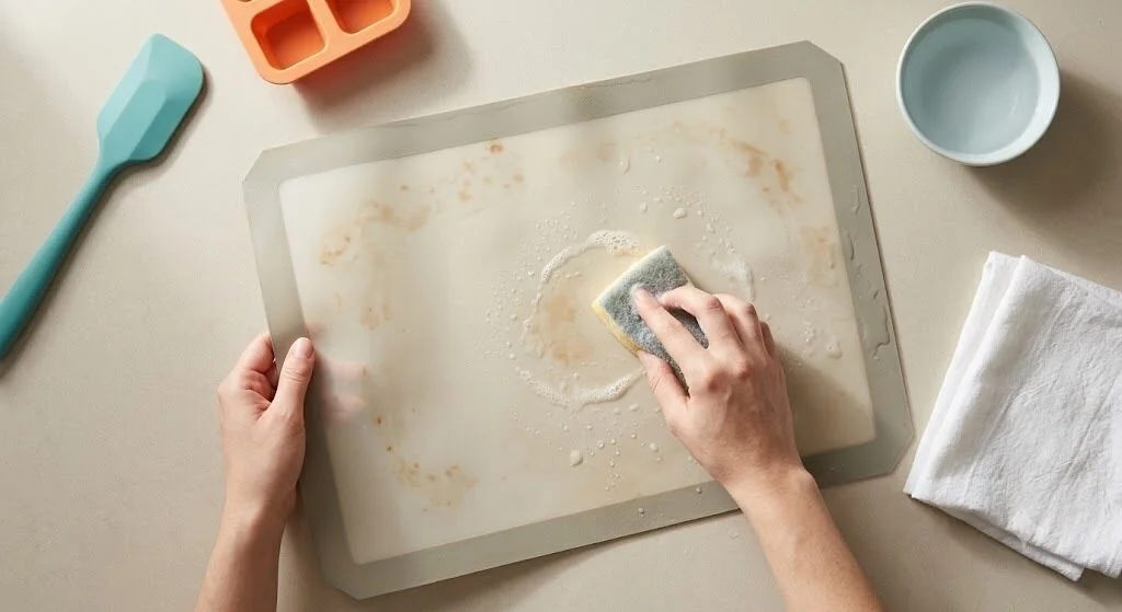 scrubbing stains from a baking mat on a countertop - How can I clean silicone - 2