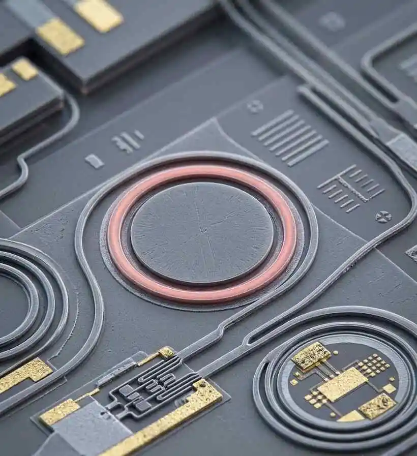 Extreme close-up of a nanoscale silicon optical waveguide routing around a glowing circular microring resonator with gold microelectrodes - Silicon Nanophotonics- 2