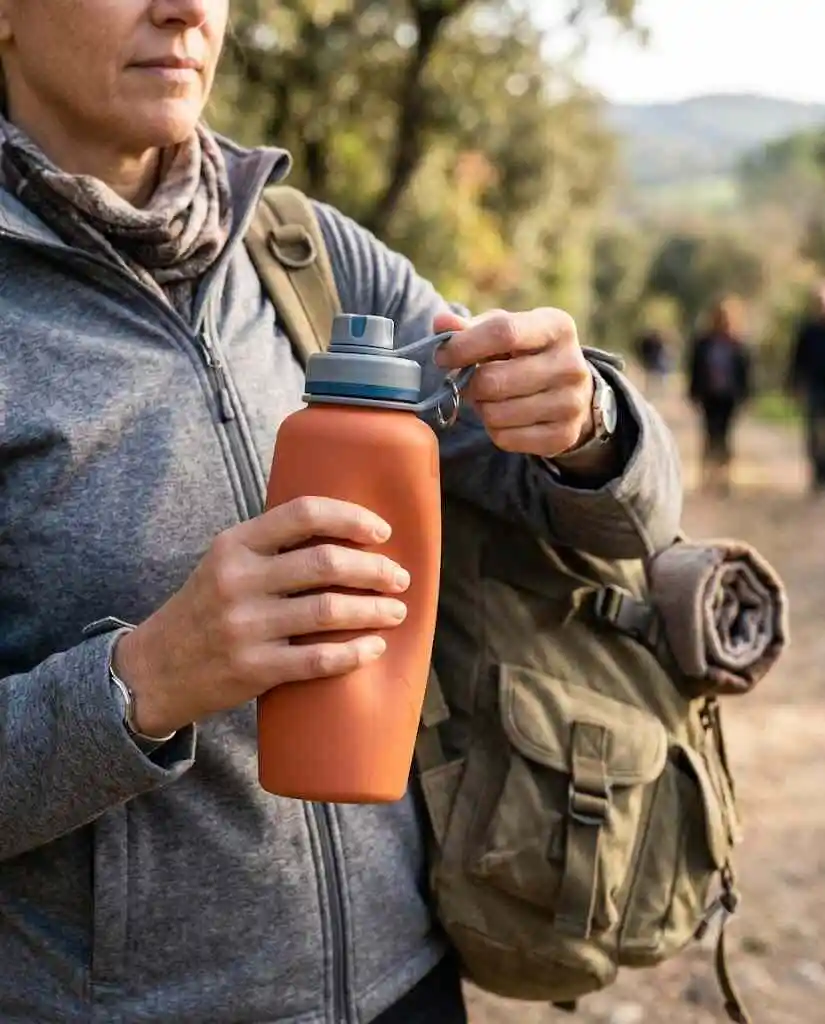 A person outdoors holds an orange collapsible silicone bottle by its integrated carry loop while wearing a travel backpack on a nature trail - Silicone bottles -2