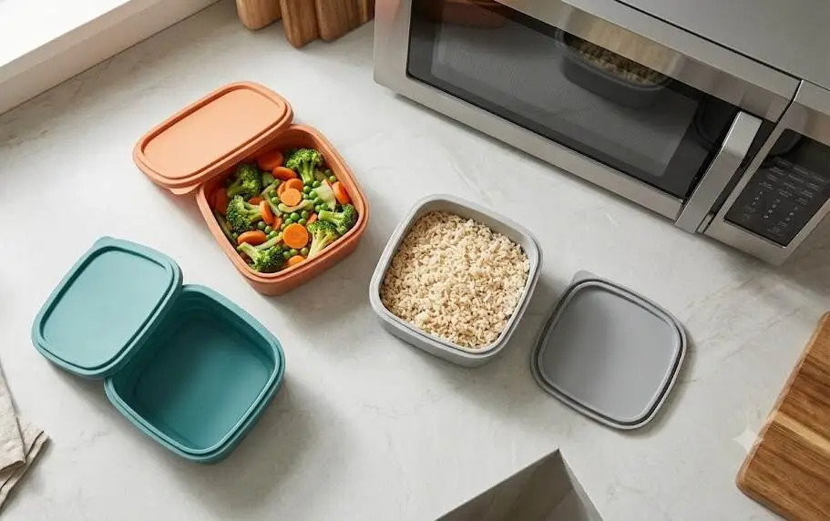 silicone food containers on a kitchen countertop - Can Silicone Go in the Microwave? - 1