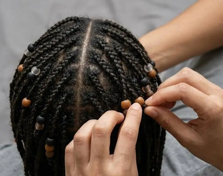 hands applying beads on natural braids - Silicone Hair Beads- 2