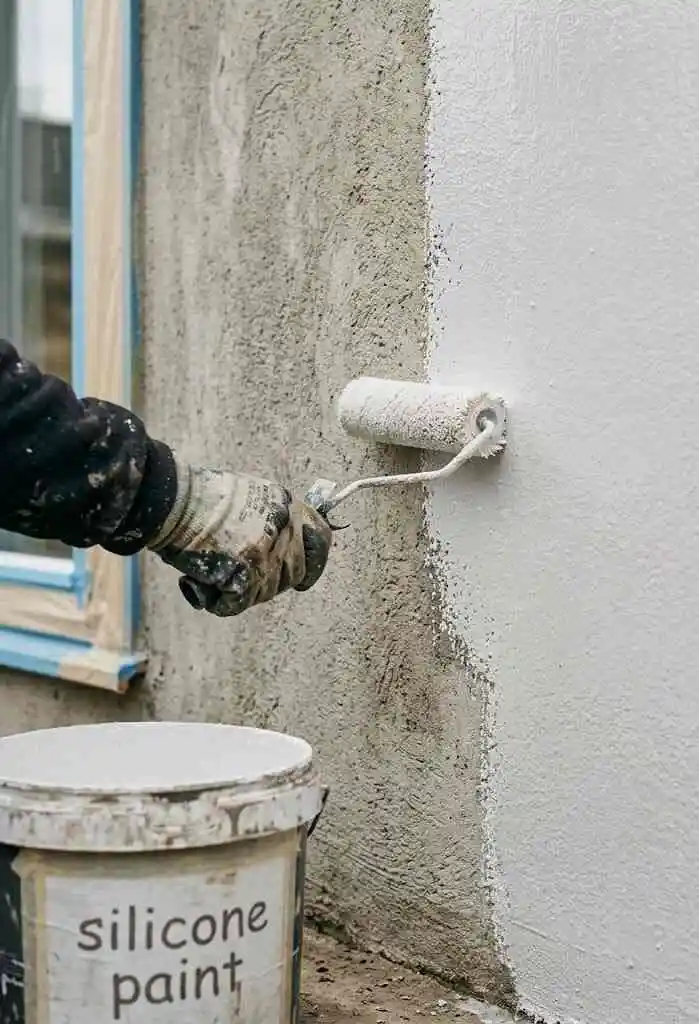 A gloved hand using a short roller to apply white silicone paint onto a textured masonry wall. - silicone paint -2