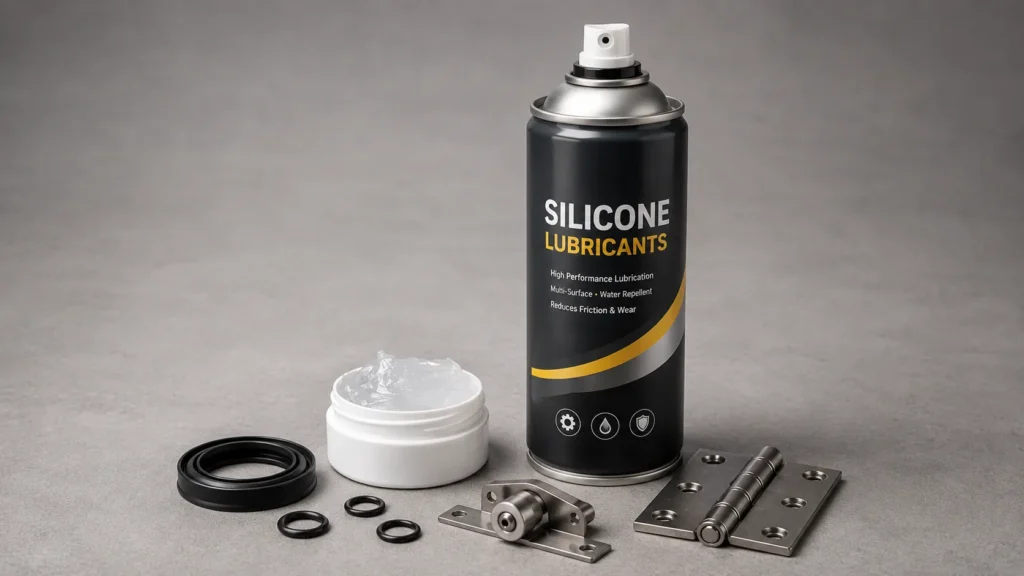 Silicone lubricant spray can and clear grease jar displayed alongside rubber O-rings, seals, and metal door hardware - silicone lubricants -1