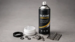 Silicone lubricant spray can and clear grease jar displayed alongside rubber O-rings, seals, and metal door hardware - silicone lubricants -1