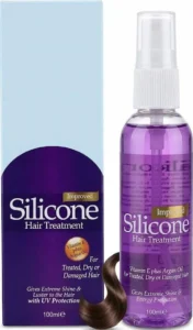 Purple hair serum bottle with product box and brown hair curl - silicone hair products -1