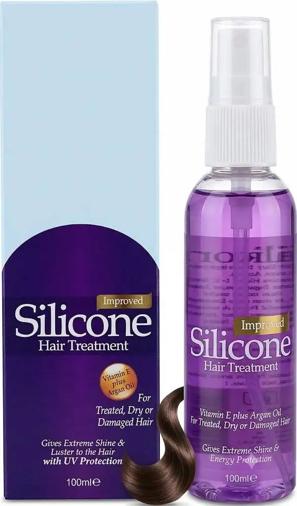 Purple hair serum bottle with product box and brown hair curl - silicone hair products -1