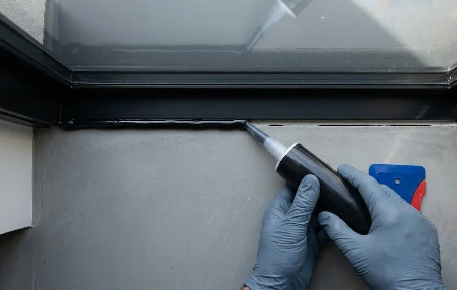 Gloved hands applying bead along a black window frame - Black Silicone Sealant- 2
