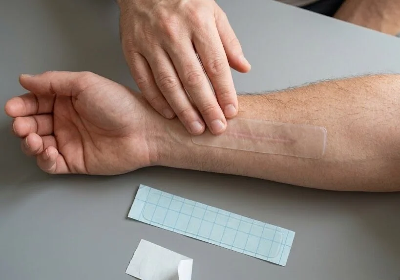 A top-down photograph of a transparent medical strip being applied to a fully healed closed scar on an adult forearm - Silicone Strips -2