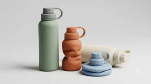 A collection of three eco-friendly collapsible silicone water bottles in green, orange, and blue showing fully expanded and completely flat states on a clean studio surface - Silicone bottles -1