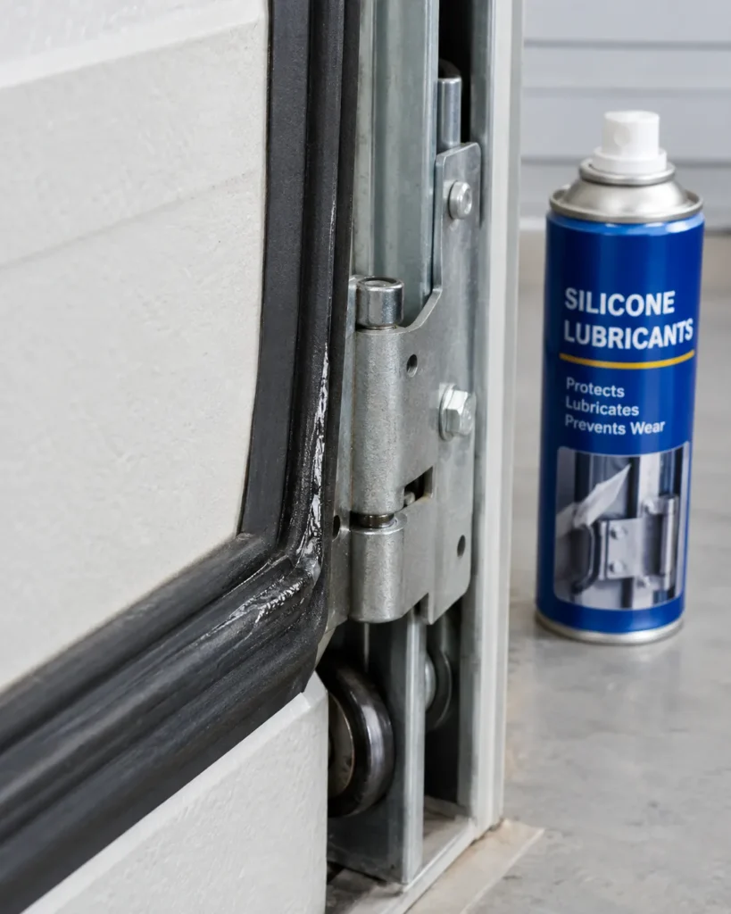 Close-up of clear silicone lubricant applied to a black rubber garage door weather seal and metal hinge track with a blue spray can in the background - silicone lubricants- 2
