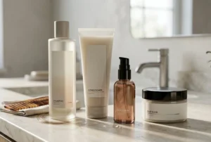A collection of modern, unbranded hair-care products on a bathroom counter featuring a shampoo, conditioner, serum, and hair mask. - Silicone Hair Products - 1