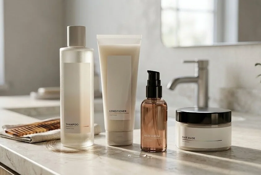 A collection of modern, unbranded hair-care products on a bathroom counter featuring a shampoo, conditioner, serum, and hair mask. - Silicone Hair Products - 1