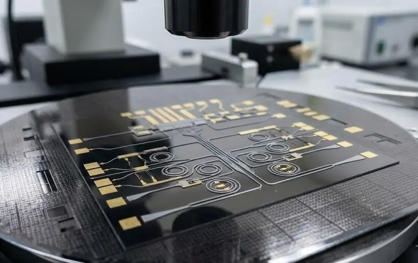 Silicon photonic integrated circuit with gold contacts and microring resonators on a semiconductor wafer under a laboratory microscope - Silicon Nanophotonics- 1
