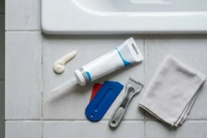 A tube, smoothing tool, and scraper on bathroom tiles - Bath Silicone Sealant -1