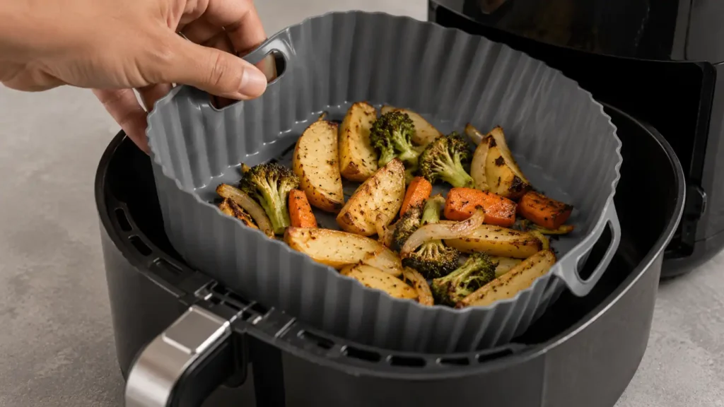 Silicone liner for air fryer being used inside an air fryer basket - silicone liner for air fryer - 2